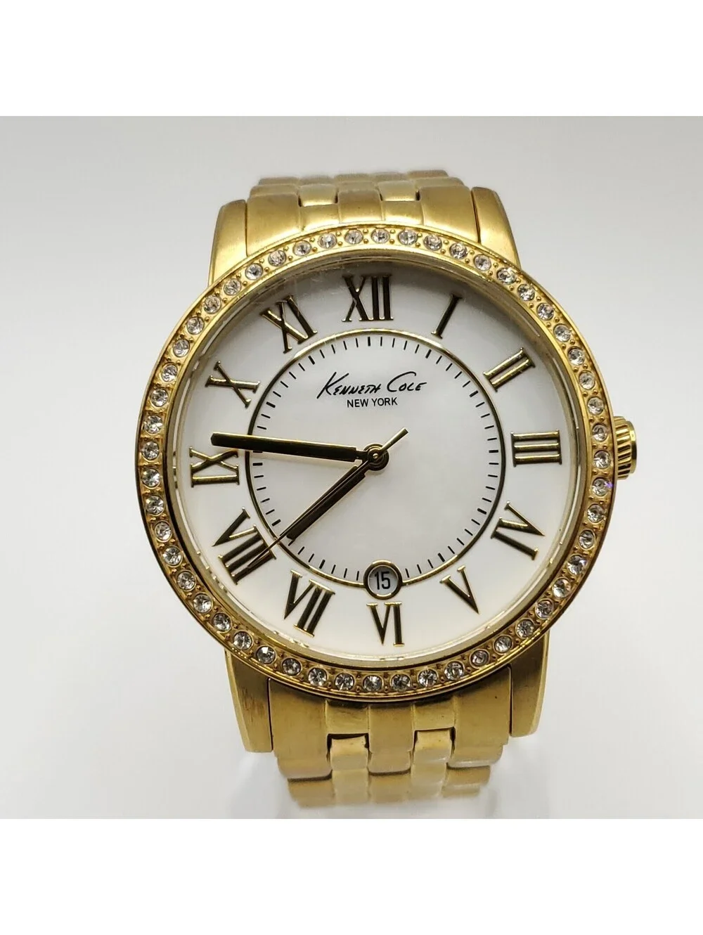 Kenneth Cole New York Watch Women New Battery MOP Date Dial Gold Tone 35mm